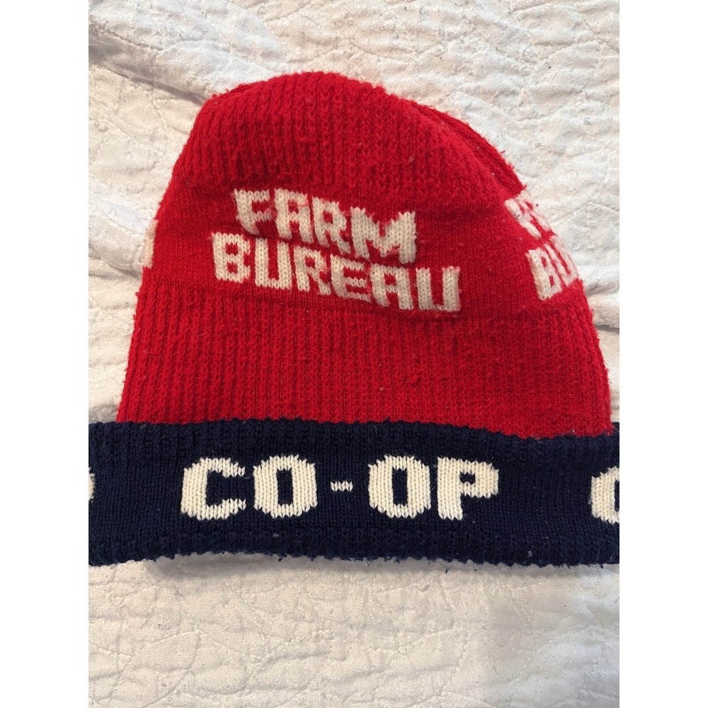 Vintage 70s Farm Bureau Co-Op Knit Beanie Red Navy Stocking Cap Farm Hat